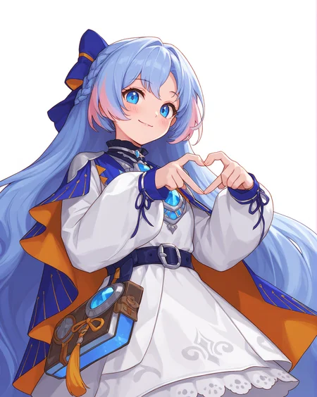 (((masterpiece,best quality,newest,absurdres,highres))),shume,1girl,blue eyes,blue hair,very long hair,braid,multicolored hair,long sleeves,bow,hair bow,cape,white dress,hair ribbon,<lora:èèå°æ°æ®_1.1_noob:0.8>,heart hands,smile,1girl,heart,white background,looking at viewer,simple background,upper body,blush,closed mouth,