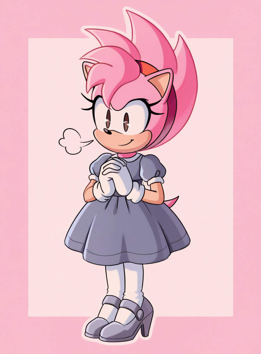 solo, <lora:krack:1> krackstyle, furry, no humans,
<lora:AmyTekno:0.8> fleet-amy, spiked hair, pink fur, brown eyes, 1950s dress, short puffed sleeves, high waist skirt, white pantyhose, heels, gloves, standing, hands softly clasped, serene look, smile, affectionate air, extremely detailed, highres, masterpiece, best quality