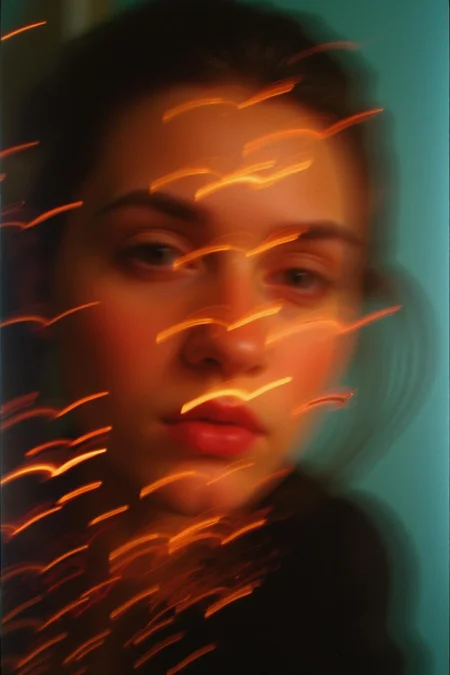 An abstract pattern of film burns and dynamic light streaks creates a vivid backdrop, shrouding a vaguely distinguishable, blurry photo of a face. The face is partially obscured by the chaotic interplay of intense film burns and radiant light patterns, which merge and swirl in an intricate, ethereal composition. The image features a high level of abstraction with distorted light and shadow, giving only the faintest hints of facial features through the heavy blur. Grainy, grain, film grain, candid, high contrast, film burn, analog texture, partial silhouette, Chiaroscuro, off-centered, asymmetrical, highlight bloom, filmic glow, blown-out highlights, moody, herbstphoto, herbst photo. <lora:Herbst_Photo_35mm v2:1.0> <lora:flux_realism_lora:1.0><lora:785055417093884741:0>