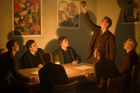 johncollier1 painting.
A group of people gathers around a table in a room with posters on the walls. One man stands, adjusting a lightbulb above him, while others are seated and attentive. Shadows add depth to the scene. <lora:johncollier1_cap_d8a4e12:1.0><lora:850613980421445351:0>