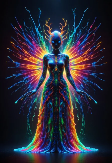 a full body fire entity with multicolored flames, professional photography of an fantastical warrior princess entirely made of cyberflies with whimsical elements, swirling magic, eerie fairytale landscape, elaborate fantasy style art, very colorful, intricate details, ultra sharp, exquisite detail, flawless composition, vivid colors, masterpiece, exciting background, TAS, TASvisuals, Psychedelic , Rave, Elaborate , Blacklight , Vibrant , cyberflies, black light paint, blp, Colorful Chaos Cracks and Drops, mad-glowtiedye, made out of,colorful,liquid,Murano Art Glass