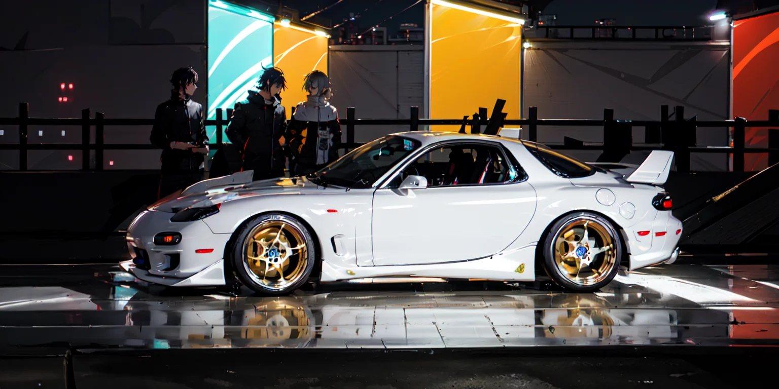 masterpiece,best quality,official art,extremely detailed CG unity 8k wallpaper,illustration, light,car, bright, motor vehicle, ground vehicle, sports car, vehicle focus, road, need for speed, moving, wet, (night, midnight:1.5), cyberpunk, tokyo,neon lights,drift, <lora:FD3S-000008:0.9>