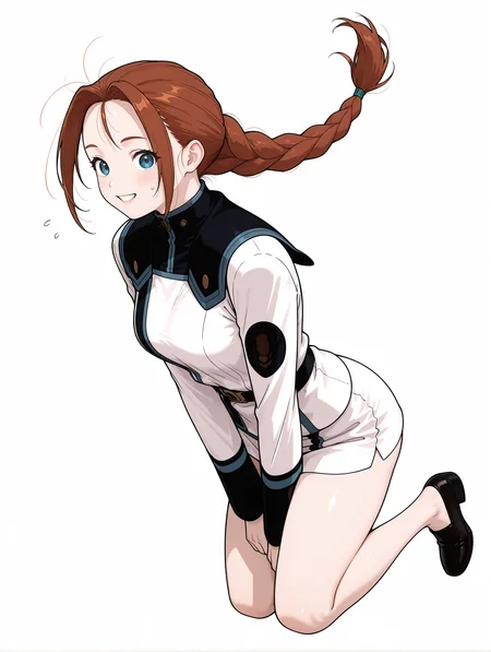 masterpiece,best quality,newest,
1girl,solo,
<lora:Livi_Donen_ilxl_v1.2:1>,Livi,antenna hair,brown hair,blue eyes,single braid,L_clothes,pencil_skirt,
<lora:Fixhands_anime_bdsqlsz_V1:1>,light_blush,cinematic_angle,looking_at_viewer,jumping,full body,parted lips,sweatdrop,white_background,simple_background,dynamic_angle,surprised,grin,