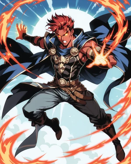 score_9, score_8_up, score_7_up, score_6_up, score_5_up, score_4_up, BREAK vintage, 1990s \(style\), (an oil painting of a male fire element: 1.3) (burning hands) (rogue) (1man) (fire genasi) (wearing a dark cloak: 1.2) (red skin) (red hair) (official dnd artwork) (dynamic pose)  (full body character portrait) magic effects in background, (shiny skin:1.3), warm lighting, detailed face, (intricate), glowing eyes, detailed eyes, detailed background, <lora:OldAnimeStyle_XL_v3:0.5> high fantasy, epic, magical, dynamic pose, (dark fantasy) masterpiece, best quality, highly detailed, shading <lora:Concept Art Eclipse Style LoRA_Pony XL v6:0.5>