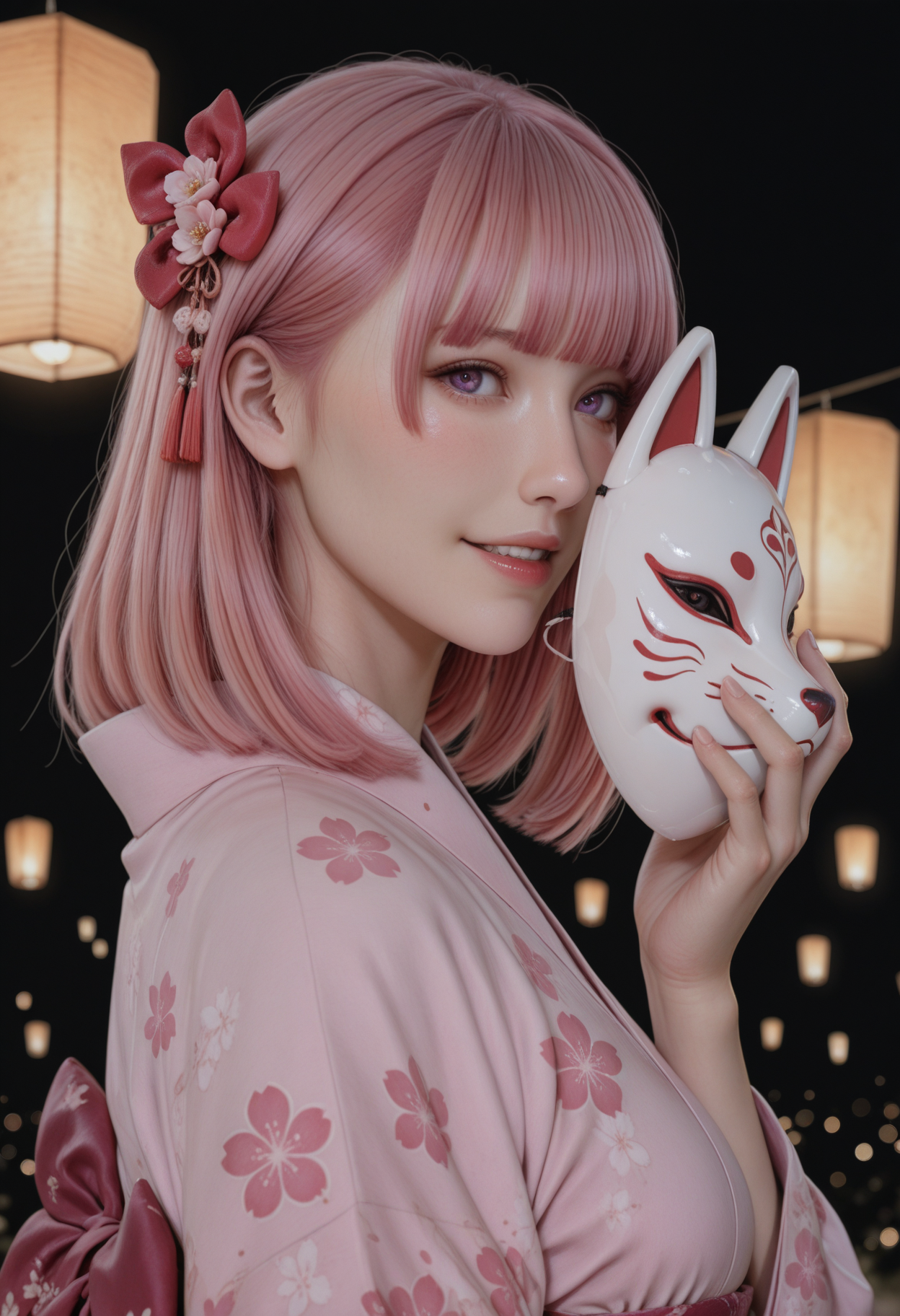 masterpiece, best quality, amazing quality, 3d-filter, 

from side, profile, 

1girl, solo, 

purple eyes, pink hair, medium hair, blunt bangs, hair behind ear, hair ornament, 

kimono, floral print, red bow, 

looking to the side, looking at viewer, parted lips, teeth, smile, blush, 

holding mask, fox mask, 

outdoors, (sky lantern:1.25), (depth of field, bokeh, blurry background:1.1), 

dark background, black background, 