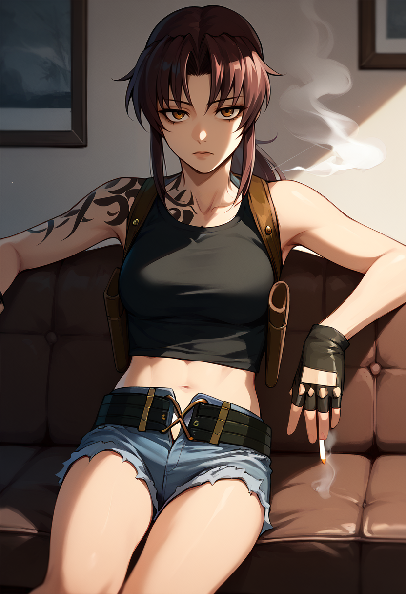score_9, score_8_up, score_7_up, solo, 1girl, blacklagoonrevy, shoulder tattoo, smoking, expressionless, looking at viewer, sitting, couch, ponytail, black tank top, crop top, shoulder holster, black gloves, fingerless gloves, blue shorts, denim shorts, cutoffs, short shorts, belt, midriff, indoors <lora:blacklagoon_revy_ponyXL:1>
