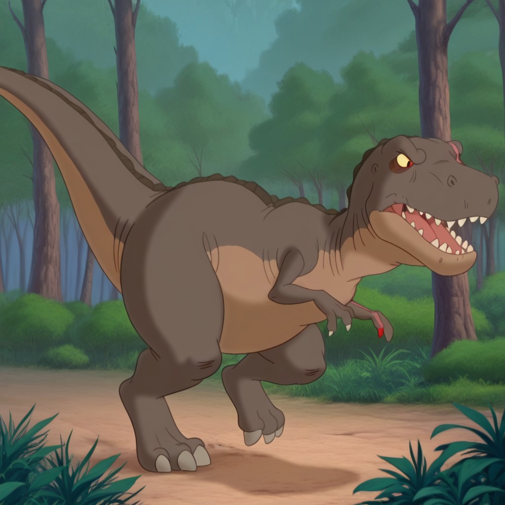masterpiece, best quality, amazing quality, redclawlbtil, feral, male, Tyrannosaurus, brown skin, scar, one red sclera, one yellow sclera, black eyes, pink scar, forest,   fully body,  solo, one red finger claw, running