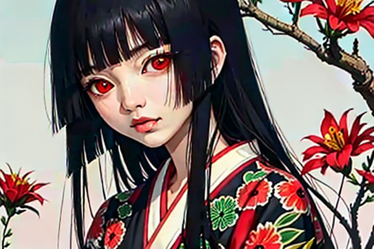 enma ai, hair down, hair black, bangs, eyes red, masterpiece, best quality, ultra-detailed, illustration, 1girl, solo, highres, photorealistic, ultra high res, (Original illustration composition), (fusion of limited color,Maximalism artstyle, kimono fashion, double exposure, background, illustration, Amazing, lily spider