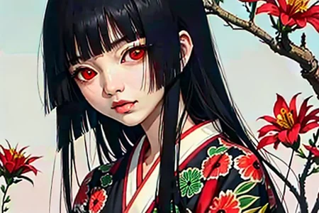 enma ai, hair down, hair black, bangs, eyes red, masterpiece, best quality, ultra-detailed, illustration, 1girl, solo, highres, photorealistic, ultra high res, (Original illustration composition), (fusion of limited color,Maximalism artstyle, kimono fashion, double exposure, background, illustration, Amazing, lily spider
