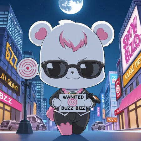 best quality, masterpiece, smirks, Full Body, Romantic, Small, Body, Furry, labrajp, chibi, feral, multicolored hair, pink tail, tufted fur, furry, one pink leg, necklace, bear, (((spy agent outfit))), (((spy agent shirt))), (((spy agent pants))), spy agent glasses, (((target buzz))), sign, (((city sign, saying "buzz city"))), city, late night, midnight, moon light, holding big sign, carry sign, walking around city while holding sign, (((writing on sign said" BUZZ WANTED"))), details, perfect details, super details,