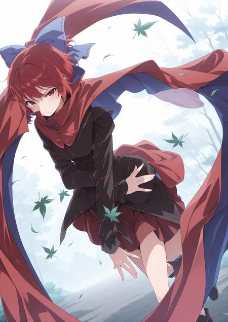 absurdres, highres, masterpiece, best quality, amazing quality, official anime artwork, screencap, anime screencap, 
 <lora:Sekibanki_Illustrious:1> sekibanki, 1girl, solo, red eyes, red hair, short hair,, hair bow, blue bow, red cape, black shirt, long sleeves, red skirt,miniskirt, black boots, 
outdoors, looking at viewer, dynamic pose, leaf, serious, floating hair,