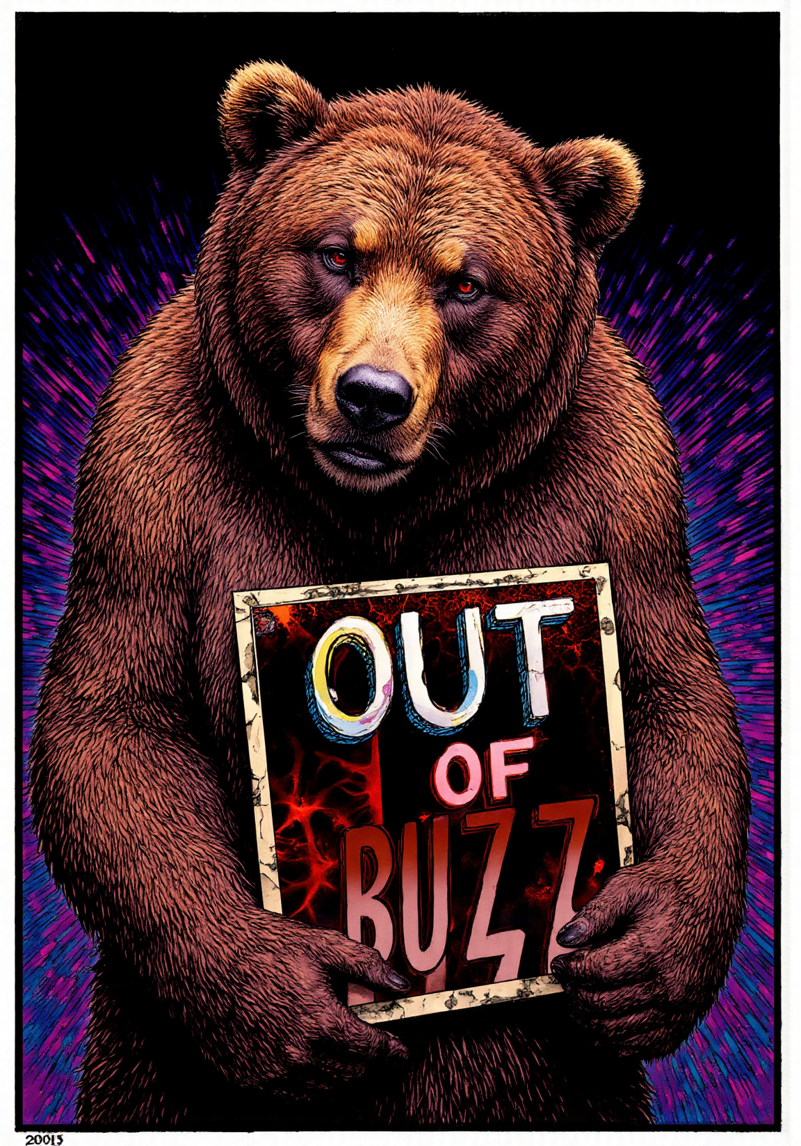 A haggard unkempt anthro grizzly bear is holding a sign saying "OUT OF BUZZ". Dramatic but simple composition, exaggerated shocked expression, stylized neon splash graphic novel look, low frequency patterned background, end of the world!