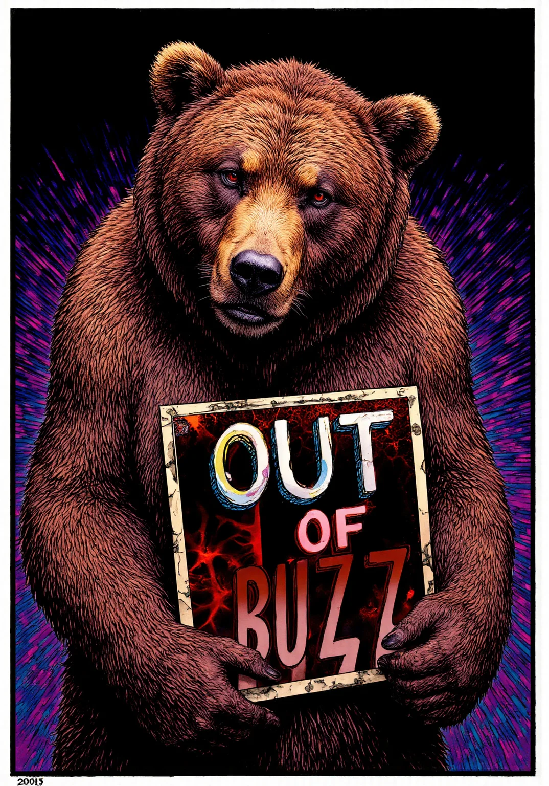 A haggard unkempt anthro grizzly bear is holding a sign saying "OUT OF BUZZ". Dramatic but simple composition, exaggerated shocked expression, stylized neon splash graphic novel look, low frequency patterned background, end of the world!