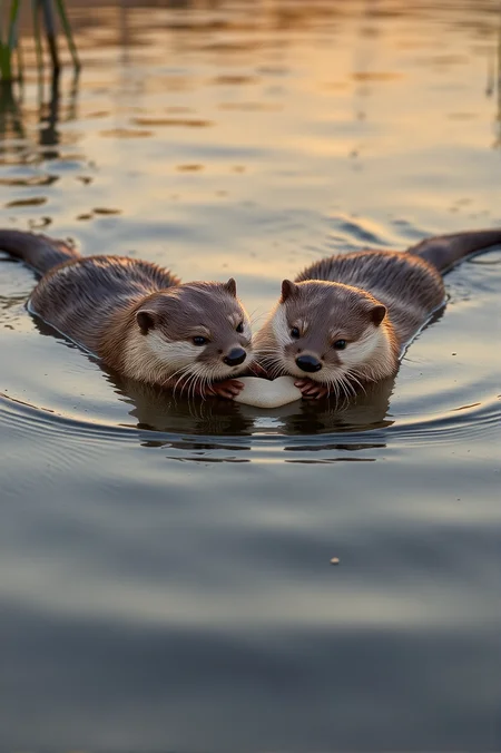 Two tiny otters float on their backs in a tranquil river, their paws clasped together as they cradle a heart-shaped pebble. The soft ripples of the water reflect the hues of the setting sun, casting a golden glow around them. A gentle breeze stirs the reeds, making them flutter in the fading light.
<lora:paws-and-hearts-flux:1>