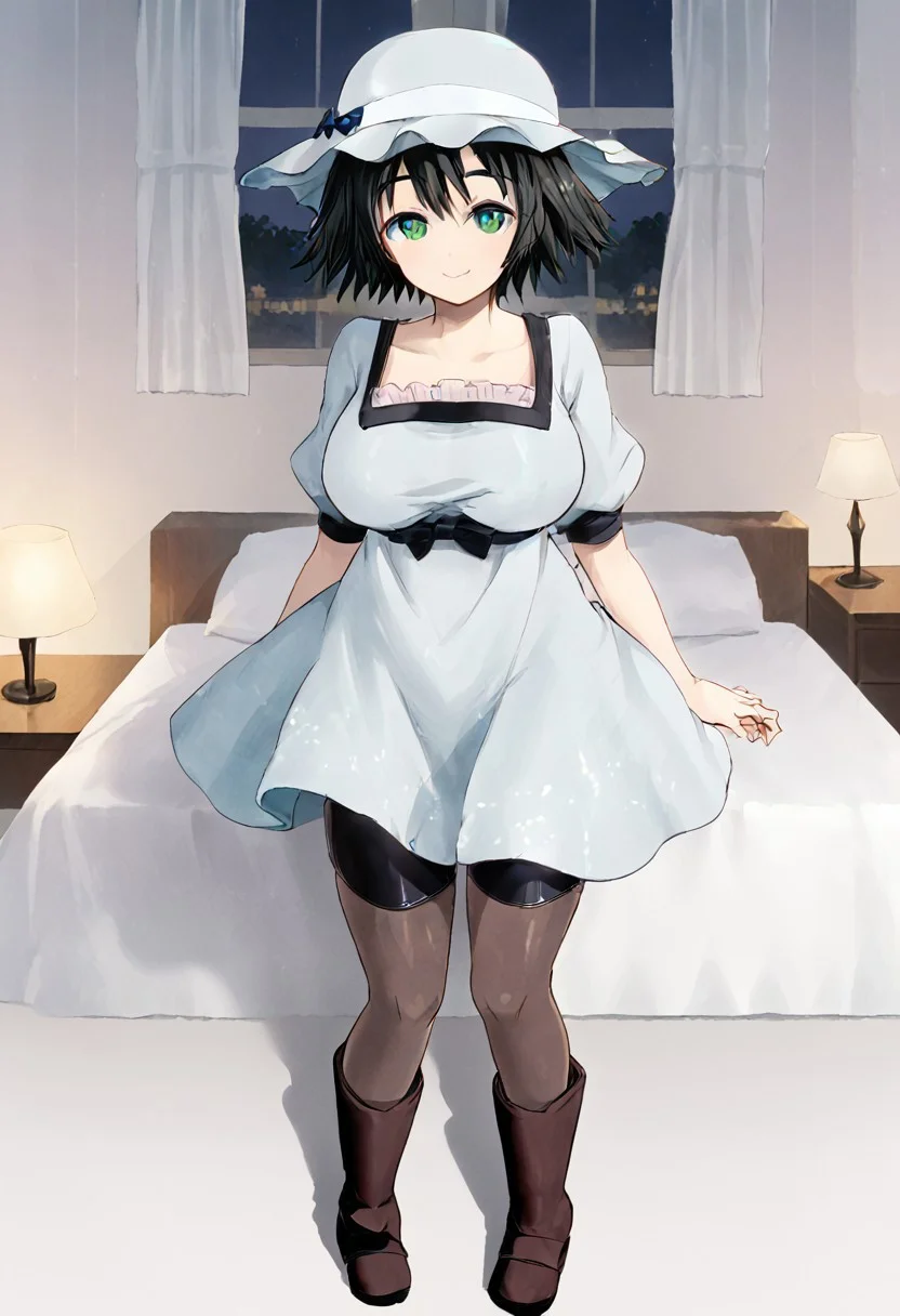 /Mayuri_Shiina (Steins;Gate)/, 1girl, blue eyes, big eyes, green eyes, shorts, shorts under dress, boots, large hips, short hair, bow, pantyhose, white headwear, bike shorts
Blushing, Thick thighs, sole female, smiling, looking at viewer, cute face, erotic smile, big hips, thick thighs, arms back, big breasts, Exposed thighs, Hips marked in clothes
Japanese room, white bed, lamp, Night, window, Japanese Interior
Anime Style