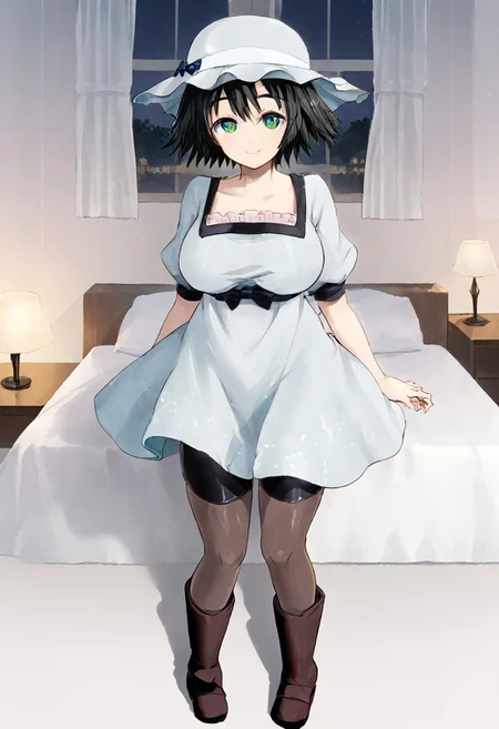 /Mayuri_Shiina (Steins;Gate)/, 1girl, blue eyes, big eyes, green eyes, shorts, shorts under dress, boots, large hips, short hair, bow, pantyhose, white headwear, bike shorts
Blushing, Thick thighs, sole female, smiling, looking at viewer, cute face, erotic smile, big hips, thick thighs, arms back, big breasts, Exposed thighs, Hips marked in clothes
Japanese room, white bed, lamp, Night, window, Japanese Interior
Anime Style