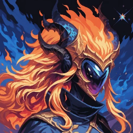 score_9, score_8_up, score_7_up, ultra quality, d3p1x3l, pixel art, solo, 1girl, Drxkin, molten rock, black body, hember, fiery hair, fiety dragon horns, long hair, fire hair, ( x shape helmet:1.1), fire mask, faceless, detailed, portrait, fire nebula, fire space, shooting stars background, straight on, facing viewer, head focus
