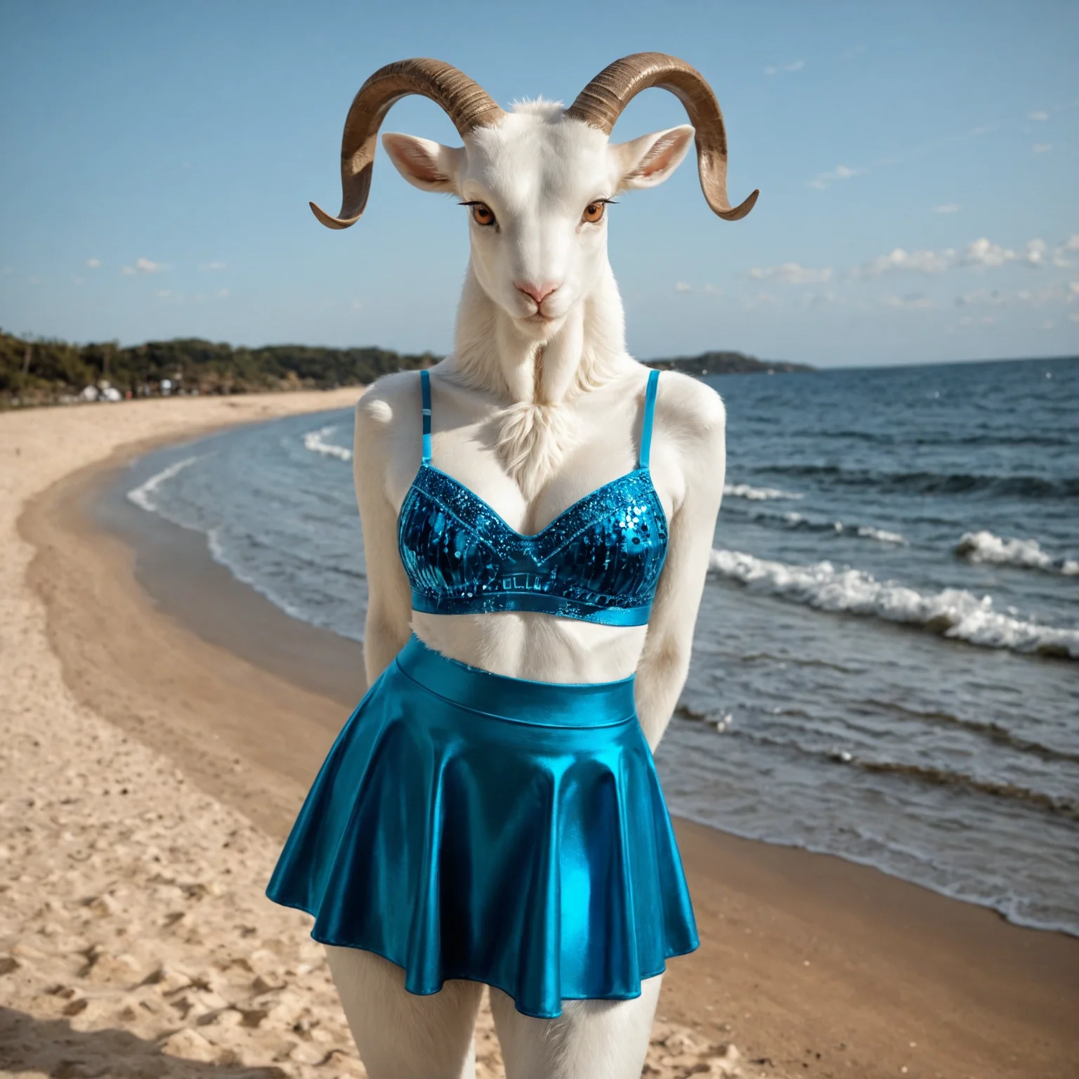 masterpiece, best quality, amazing quality, very aesthetic, high resolution, ultra-detailed, absurdres, photo, realistic, gl1tt3r, blue skirt, blue bra, 1girl, ((anthro, goat)), caprine, white fur, fluffy fur, realistic fur, horns, amber eyes, looking at viewer, standing, beach background, water, hands behind back <lora:GlitterOutfit1IL2-2:1>