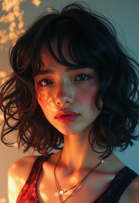The theme of the picture is the play of shadows and light, with an artful composition that combines elements of watercolor and pastel. The overall style is reminiscent of glitch photography, with overexposed areas and distorted shadows. The hair light adds dimension to the subjects' hair, while the background features a cubist-inspired pattern in the style of Albert Gleizes. ,