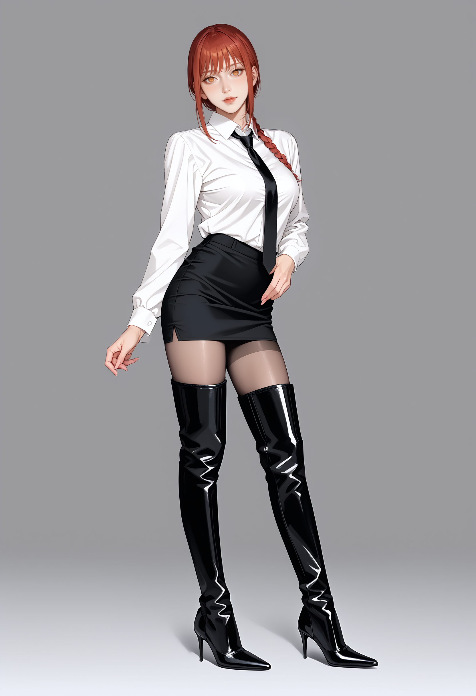 score_9,score_8_up,score_7_up,1girl,solo,makima \(chainsaw man\),standing,erotic pose,sexy pose,white collared shirt,necktie,black pencil skirt,pantyhose,pantyhose under boots,looking at viewer,<lora:IzayoiLycoXL:0.8>,<lora:OBLK-000001:0.85:lbw=CLOTHE>,oblk,(thigh boots:1.2),stiletto heels,high heel boots,black footwear,shiny footwear,pointy footwear,
BREAK
nightclub,dark atmosphere,mysterious,seductive,glamorous,soft lighting,high contrast,intricate design,sharp focus,minimalistic background,
