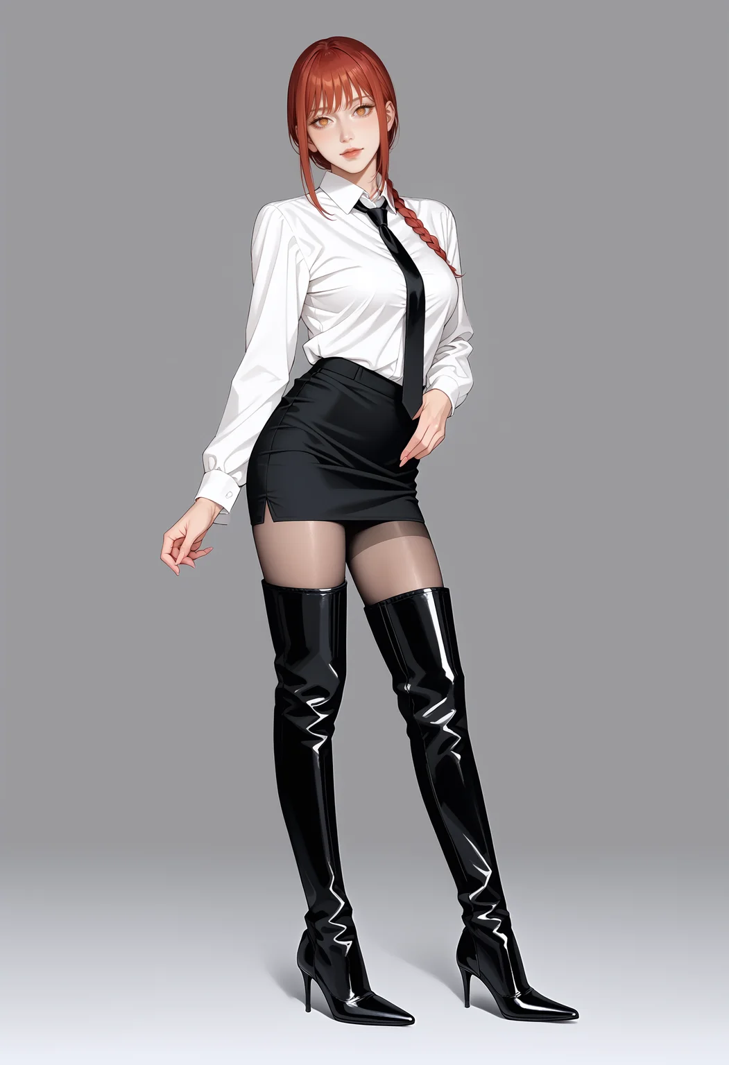 score_9,score_8_up,score_7_up,1girl,solo,makima \(chainsaw man\),standing,erotic pose,sexy pose,white collared shirt,necktie,black pencil skirt,pantyhose,pantyhose under boots,looking at viewer,<lora:IzayoiLycoXL:0.8>,<lora:OBLK-000001:0.85:lbw=CLOTHE>,oblk,(thigh boots:1.2),stiletto heels,high heel boots,black footwear,shiny footwear,pointy footwear,
BREAK
nightclub,dark atmosphere,mysterious,seductive,glamorous,soft lighting,high contrast,intricate design,sharp focus,minimalistic background,