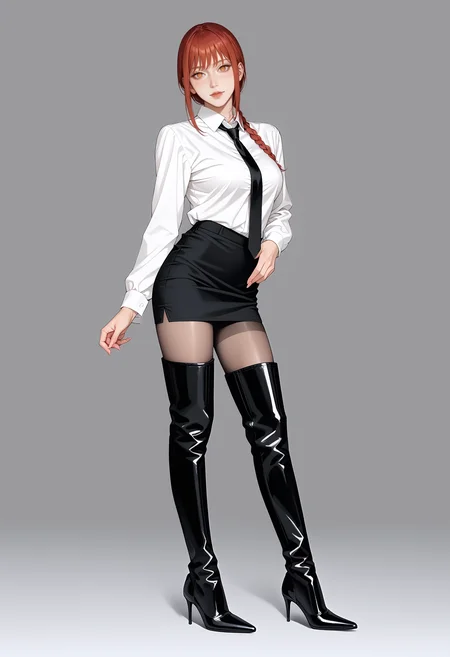 score_9,score_8_up,score_7_up,1girl,solo,makima \(chainsaw man\),standing,erotic pose,sexy pose,white collared shirt,necktie,black pencil skirt,pantyhose,pantyhose under boots,looking at viewer,<lora:IzayoiLycoXL:0.8>,<lora:OBLK-000001:0.85:lbw=CLOTHE>,oblk,(thigh boots:1.2),stiletto heels,high heel boots,black footwear,shiny footwear,pointy footwear,
BREAK
nightclub,dark atmosphere,mysterious,seductive,glamorous,soft lighting,high contrast,intricate design,sharp focus,minimalistic background,