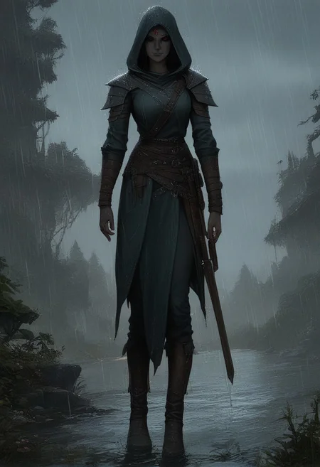 score_9, score_8_up, score_7_up, 
1 girl, ((dunmer)), skyrim dark elf, elder scrolls, dunmer wizard wearing robes standing outside in rain in fantasy landscape. 
Full body view. ((dark grey ashen skin)), drow with dark grey skin, dark grey small lips, small nose, (((large dark red eyes, no sclera))), narrow slender face, pronounced cheekbones, feminine, pretty, subtle seductive smile, facial tattoos, (wearing black sorceress robes, wearing wizard robes, battlemage outfit)), 
((outside in rain, raining)), wet, alien plants in background, cliffs in background. 
photo, raw, fantasy, concept art, realistic