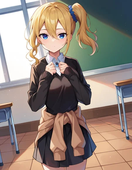 score_9, score_8_up, score_7_up, source_anime,
aihayasaka, <lora:ai-hayasaka-ponyxl-lora-nochekaiser:1>,
ai hayasaka, bangs, blue eyes, blonde hair, hair ornament, hair between eyes, sidelocks, side ponytail, scrunchie, hair scrunchie, blue scrunchie,
shirt, long sleeves, school uniform, shoes, socks, sweater, cardigan, black socks, clothes around waist, shuuchiin academy school uniform, sweater around waist, cardigan around waist,
indoors, classroom,
looking at viewer, cowboy shot, dutch angle,