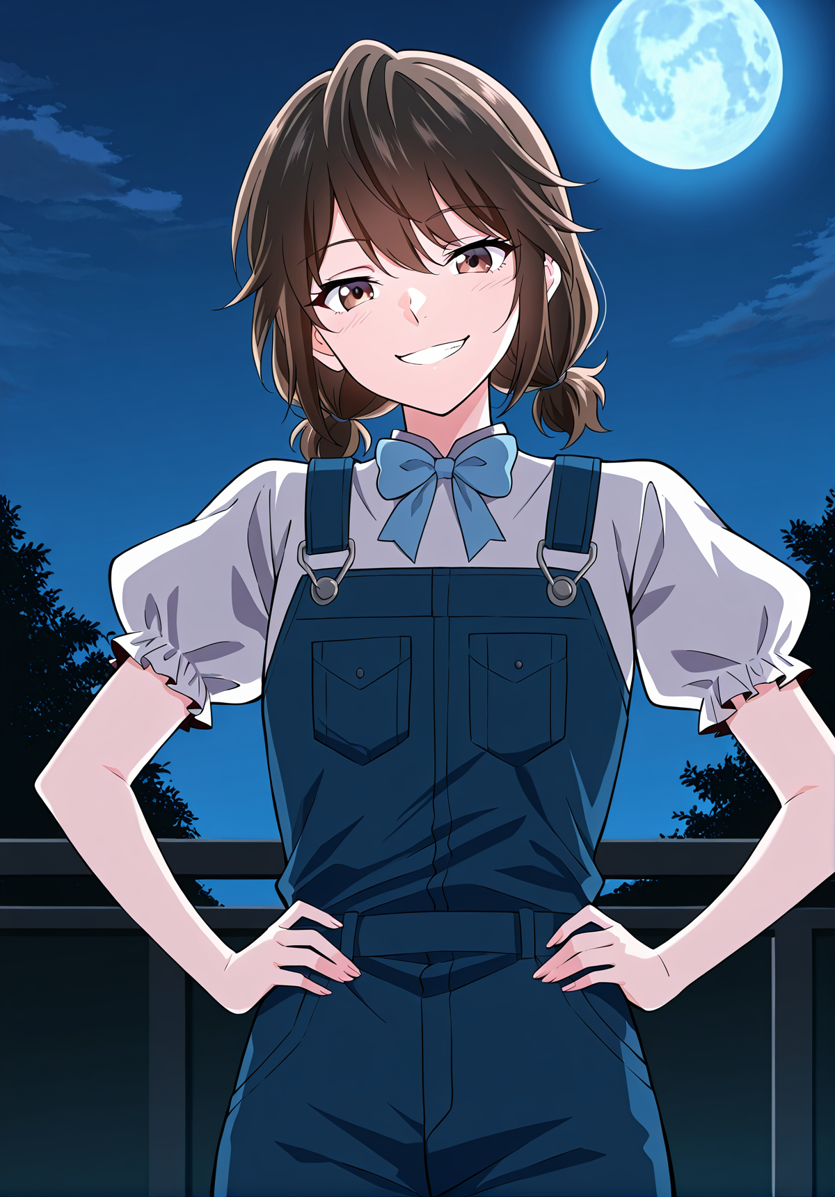 <lora:Eleanor_Leywin__The_Beginning_After_the_End__Illustrious:1>
1 girl, solo, brown hair, brown eyes, bangs
blue bowtie, white shirt, puffy sleeves, short sleeves, low ponytail, short twintails, short hair, blue overalls
score_9, score_8_up, score_7_up, very aesthetic, source_anime, detailed, high quality, beautiful, masterpiece, very aesthetic, high definition, amazing quality, highres, absurdres, outdoors, looking at viewer, smile, grin, hands on hips, night, blue moon