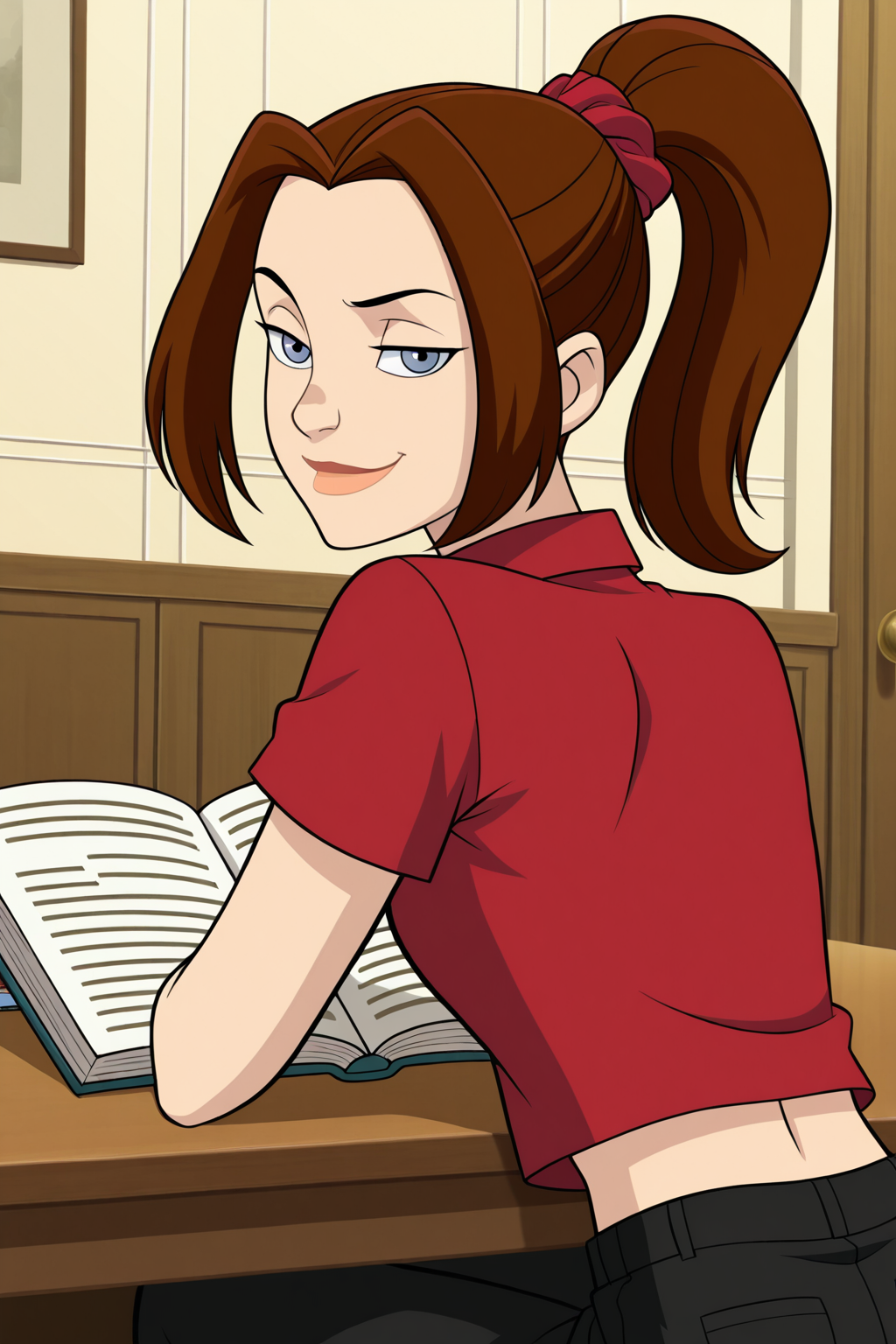 (((official style)), perfect anatomy, perfect eyes, close-up, from behind) BREAK <lora:ShadowcatILL:1> 1girl, ponytail, brown hair, blue eyes, kind eyes, smug, ((looking back at viewer)), scrunchie, collared shirt, red shirt, midriff, black pants, studying, sitting at desk, open book, luxurious bedroom, indoors
