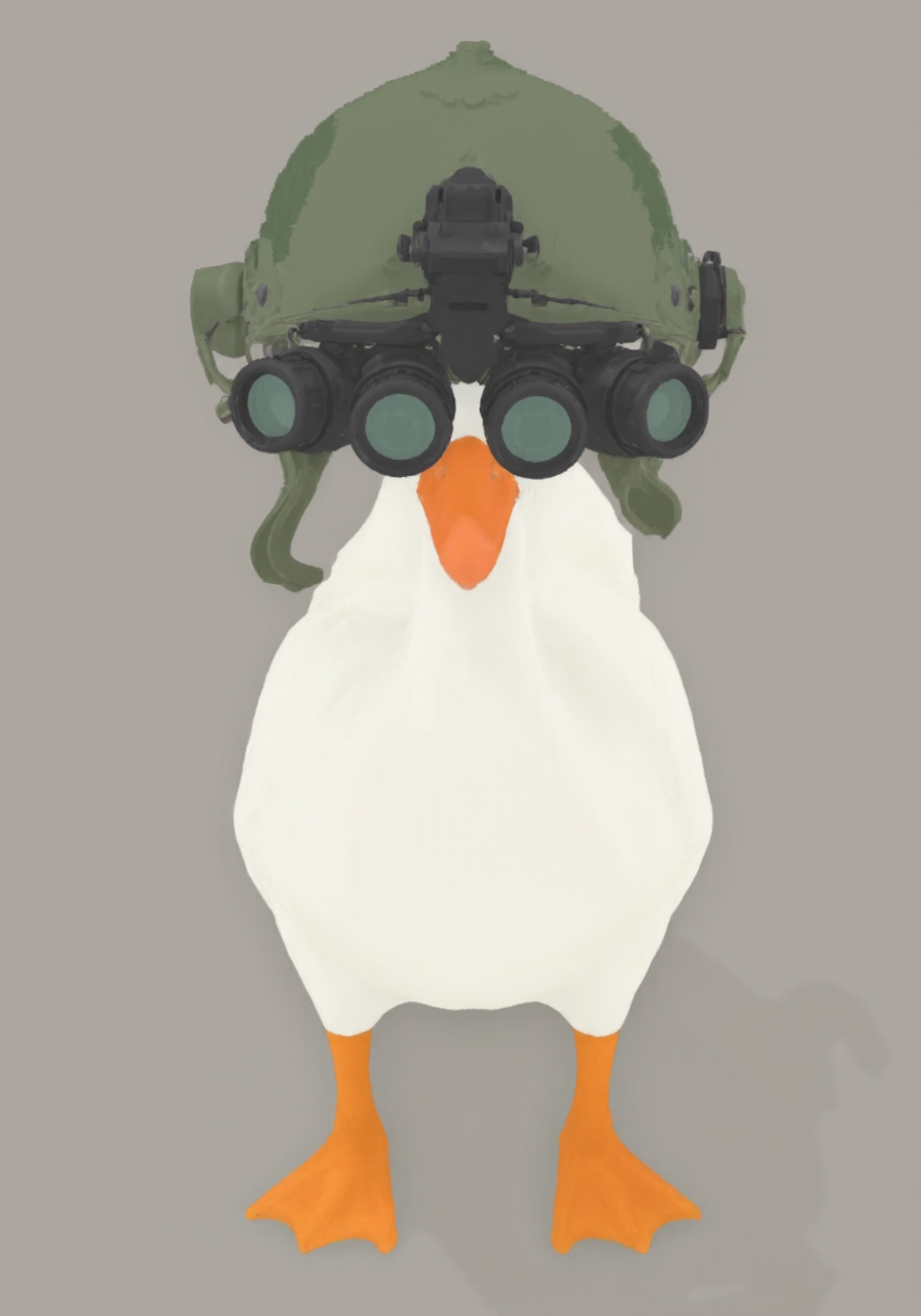overhead perspective g00se art with smooth textureless style with muted pastel palette of, a goose wearing a modern military helmet on head n0ds four horizontally aligned cylindrical green lenses quad-tube panoramic optical device attached to the front of the protective headpiece with integrated hearing protection<lora:g00se.safetensors:1.0:1.0> <lora:n0ds_epoch_23.safetensors:1:1>