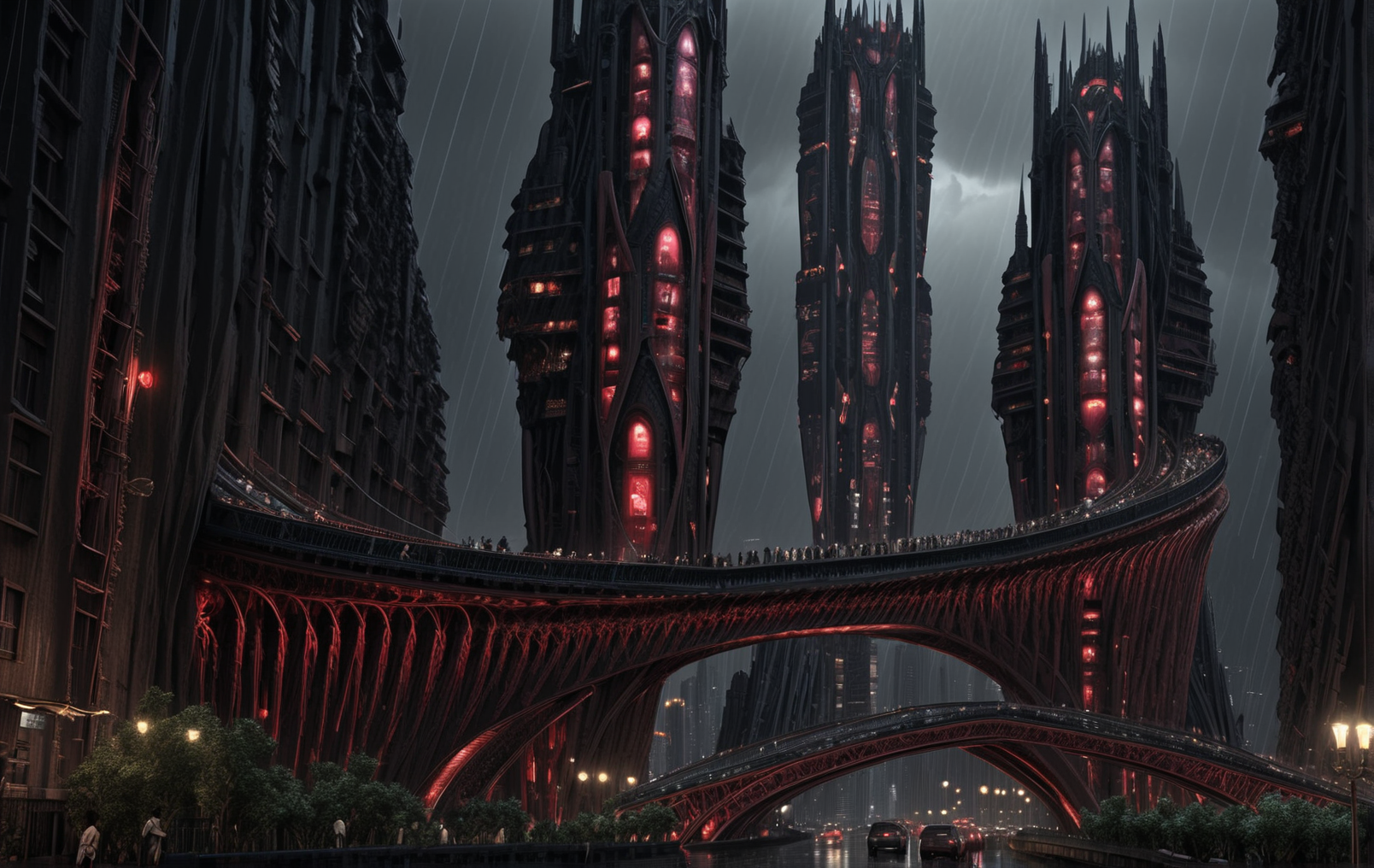 bridcity, It's dark, so dark, I look sitting on some part of this megalopolis, I look at these immense and black buildings, these dark red lights weakly illuminating the streets, the passers-by, the shops, I look at this maze of bridges nested one on top of the other, this chaos impresses me and panics me, I look at other people who like me ... look too, I don't know anything about this place but I was born there, I lived there all my life but it's too big, excessive, endless. There is only one thing I understood, the soul of this megalopolis is darker than mine. hdr, bridges between buildings, bridge's buildings, city ââlandscape, very intricate buildings, neo gothic skyscraper, very high bridge, dark atmosperen, by night, cloudy, rainy, storm, lightening,  8k masterpiece, intricate details, deep of fields <lora:Bridges-city:1.4> <lora:Add_Details_v1.2:1.9> <lora:jianzhu:1> <lora:AARG_aerial:1> <lora:City_Worlds_01_Effects:1.9> <lora:EnvyElvishArchitectureXL01:1.1> <lora:lora-oop.000009.TA_trained (1):1.9> <lora:PAseerCloudV1:1> <lora:Sci-fi_env_flux:1.9> <lora:Dark_Sci-fi_v2:1> <lora:steampunkV02_last:0.3>