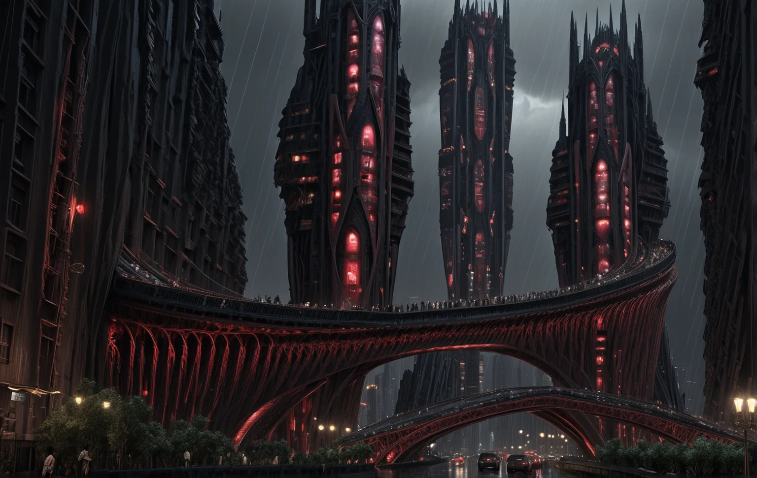 bridcity, It's dark, so dark, I look sitting on some part of this megalopolis, I look at these immense and black buildings, these dark red lights weakly illuminating the streets, the passers-by, the shops, I look at this maze of bridges nested one on top of the other, this chaos impresses me and panics me, I look at other people who like me ... look too, I don't know anything about this place but I was born there, I lived there all my life but it's too big, excessive, endless. There is only one thing I understood, the soul of this megalopolis is darker than mine. hdr, bridges between buildings, bridge's buildings, city ââlandscape, very intricate buildings, neo gothic skyscraper, very high bridge, dark atmosperen, by night, cloudy, rainy, storm, lightening, 8k masterpiece, intricate details, deep of fields <lora:Bridges-city:1.4> <lora:Add_Details_v1.2:1.9> <lora:jianzhu:1> <lora:AARG_aerial:1> <lora:City_Worlds_01_Effects:1.9> <lora:EnvyElvishArchitectureXL01:1.1> <lora:lora-oop.000009.TA_trained (1):1.9> <lora:PAseerCloudV1:1> <lora:Sci-fi_env_flux:1.9> <lora:Dark_Sci-fi_v2:1> <lora:steampunkV02_last:0.3>