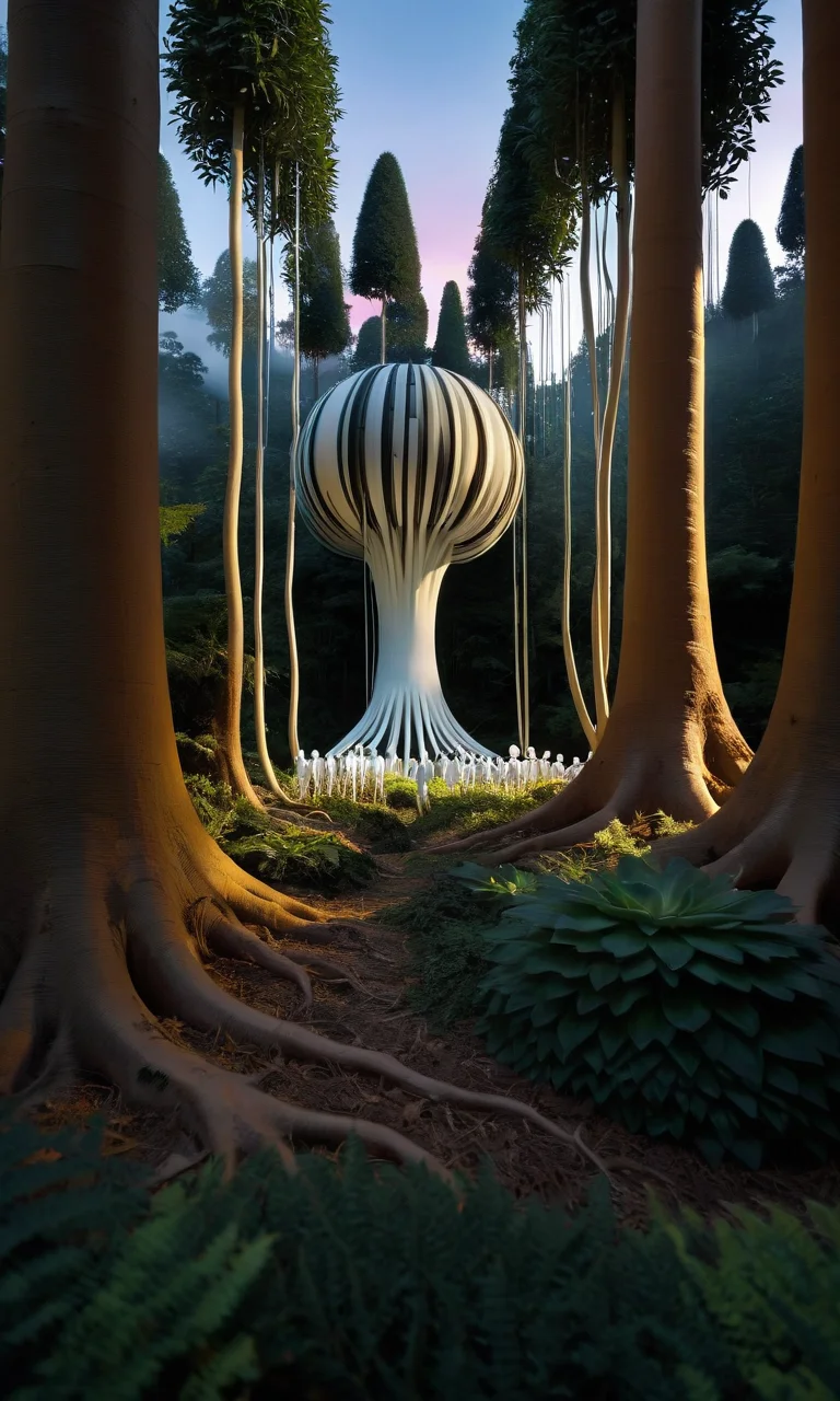 A surrealistic fusion of Reuben Wu's ethereal landscapes with Nick Knight's hyper-realistic models. A Synthetic forest of barcode trees, where creatures with Taro Okamoto's biomechanical limbs frolic and play. The sun sets in vibrant, electric hues, casting long, synthetic shadows that distort the Sharp Focus images of the models. In the distance, a satellite hovers, projecting old school designs onto the landscape