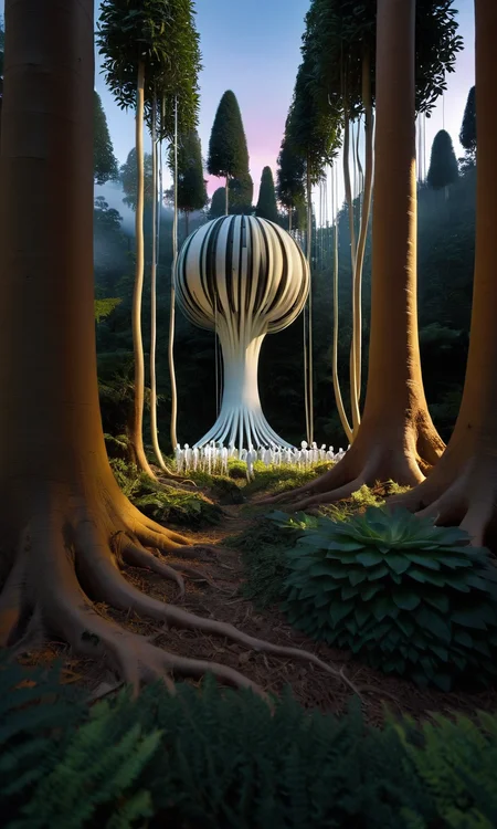 A surrealistic fusion of Reuben Wu's ethereal landscapes with Nick Knight's hyper-realistic models. A Synthetic forest of barcode trees, where creatures with Taro Okamoto's biomechanical limbs frolic and play. The sun sets in vibrant, electric hues, casting long, synthetic shadows that distort the Sharp Focus images of the models. In the distance, a satellite hovers, projecting old school designs onto the landscape