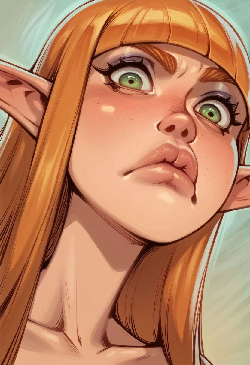 (Front angle:1.3), high detail, perfect face, very close-up, 1girl, long hair, ginger hair, (Hime cut hairstyle:1.3), light skinned female, (Elf:1.3), pouting expression, green eyes, head tilted, plump lips, (up close shot of face, portrait:1.6), closed mouth 
BREAK
score_9, score_8_up, score_7_up, score_6_up, source_cartoon, rating_explicit
