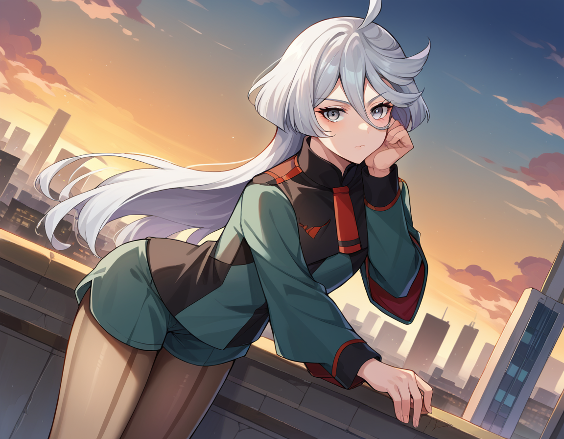 score_9, score_8_up, score_7_up, source_anime,
miorinerembran, <lora:miorine-rembran-ponyxl-lora-nochekaiser:1>,
miorine rembran, ahoge, grey eyes, grey hair, hair between eyes, long hair, swept bangs,
asticassia school uniform, front-seamed legwear, green jacket, green shorts, jacket, long sleeves, pantyhose, pantyhose under shorts, school uniform, seamed legwear, shorts, shoulder boards, swept bangs, wide sleeves,
outdoors, cityscape, bent over,
looking at viewer, dutch angle, cowboy shot,