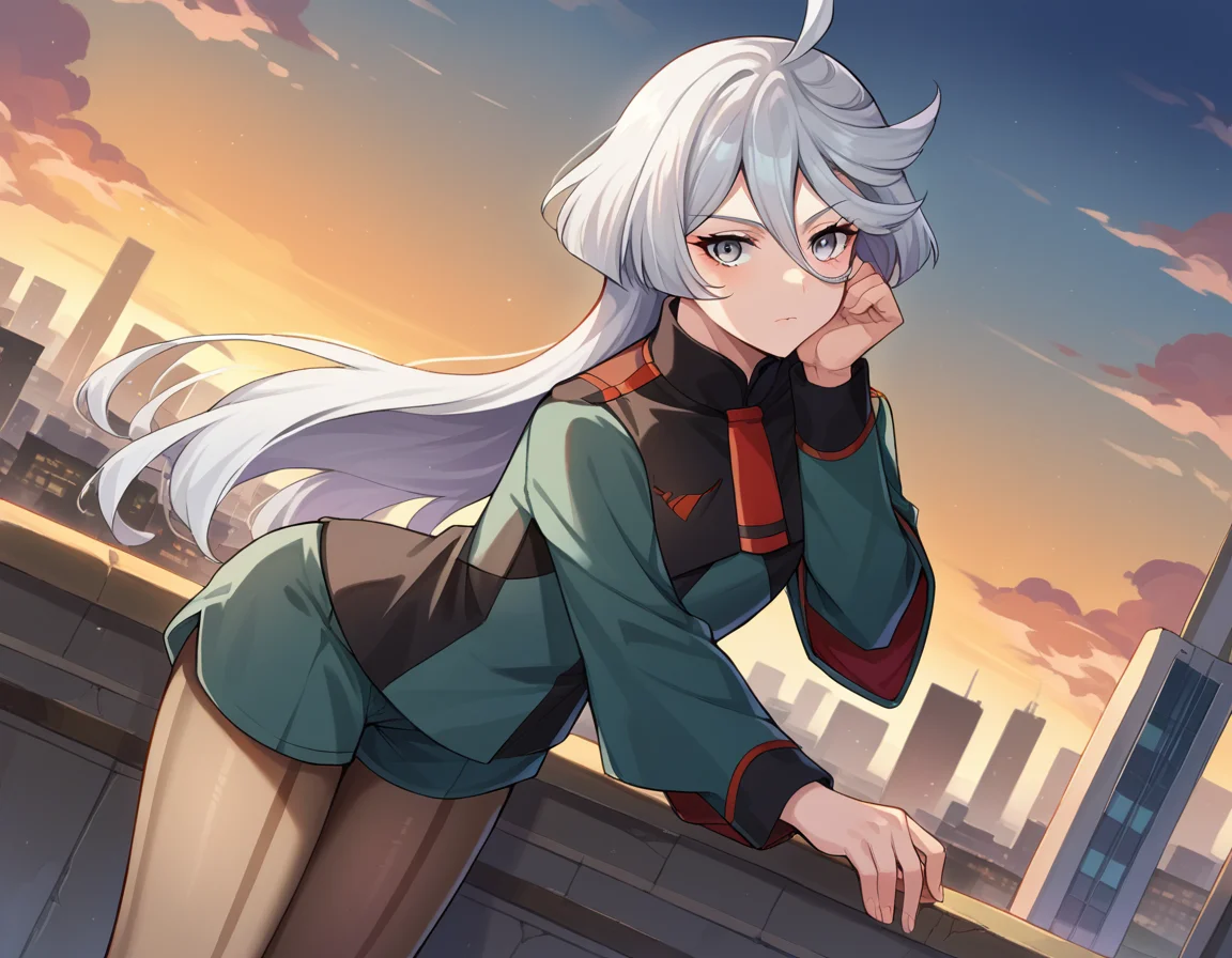 score_9, score_8_up, score_7_up, source_anime,
miorinerembran, <lora:miorine-rembran-ponyxl-lora-nochekaiser:1>,
miorine rembran, ahoge, grey eyes, grey hair, hair between eyes, long hair, swept bangs,
asticassia school uniform, front-seamed legwear, green jacket, green shorts, jacket, long sleeves, pantyhose, pantyhose under shorts, school uniform, seamed legwear, shorts, shoulder boards, swept bangs, wide sleeves,
outdoors, cityscape, bent over,
looking at viewer, dutch angle, cowboy shot,