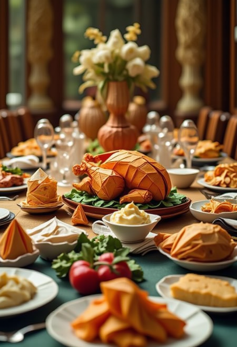origami  A full dinner table spread crafted from origami, featuring a roasted turkey, mashed potatoes, a pie, and even drinks. Each food item is made from its own unique paper textures and colors, and the table setting includes folded napkins and an elaborate centerpiece. The scene has a quirky, hyper-realistic yet surreal quality.