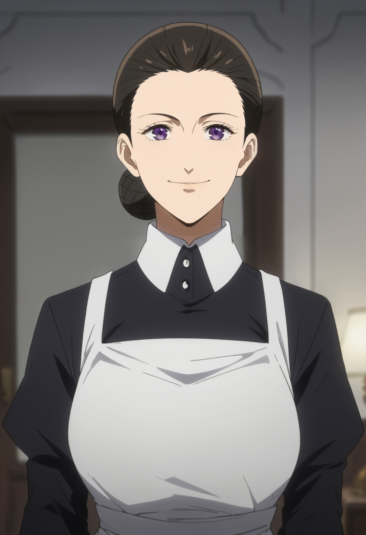 <lora:Isabella-The_Promised_Neverland:0.85>,isabella,mature female,1girl,solo,black hair,purple eyes,hair bun,
maid,upper body, looking at viewer, indoors,smile