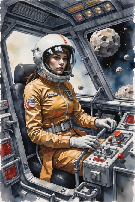 yawc1 watercolor.
A woman wearing a futuristic yet retro spacesuit sitting inside a retro chrome spacecraft, confidently pilotingthrough asteroids <lora:schnell_v1.0:1.0> <lora:yawcolor_flor2_d4a2:1.0><lora:798982424077003136:0>