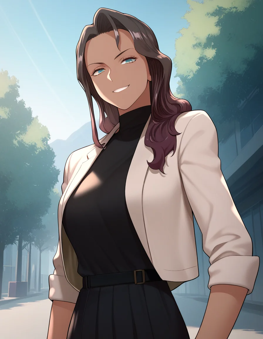 score_9,score_8_up,score_7_up, source_anime, cowboy shot, looking at viewer, fwpaulina, smirk, outdoors, <lora:Paulina:1>