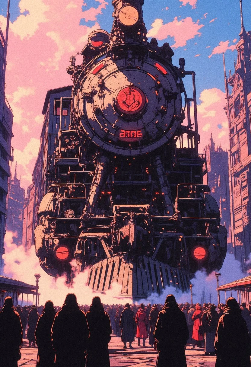 Towering futuristic steam train with intricate mechanical details, its massive form dominating the street, surrounded by a dense crowd of people in long coats and scarves. The train glows with vibrant orange lights from its front and compartments, labeled with bold red insignia. Mist and steam pour from beneath, shrouding the lower sections and creating an eerie yet awe-inspiring atmosphere. The sky above blends soft pink, blue, and purple tones, dotted with fluffy clouds, as warm sunlight filters through. Towering buildings frame the scene on either side, their dark silhouettes contrasting against the colorful sky. The crowd stands still, mesmerized by the train's colossal size and presence, as the futuristic yet industrial design evokes a blend of dystopian grandeur and hope. The scene's details are meticulously intricate, from the metallic rivets and gears of the train to the shadowed faces of the onlookers.