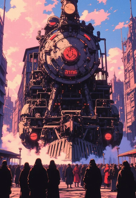 Towering futuristic steam train with intricate mechanical details, its massive form dominating the street, surrounded by a dense crowd of people in long coats and scarves. The train glows with vibrant orange lights from its front and compartments, labeled with bold red insignia. Mist and steam pour from beneath, shrouding the lower sections and creating an eerie yet awe-inspiring atmosphere. The sky above blends soft pink, blue, and purple tones, dotted with fluffy clouds, as warm sunlight filters through. Towering buildings frame the scene on either side, their dark silhouettes contrasting against the colorful sky. The crowd stands still, mesmerized by the train's colossal size and presence, as the futuristic yet industrial design evokes a blend of dystopian grandeur and hope. The scene's details are meticulously intricate, from the metallic rivets and gears of the train to the shadowed faces of the onlookers.
