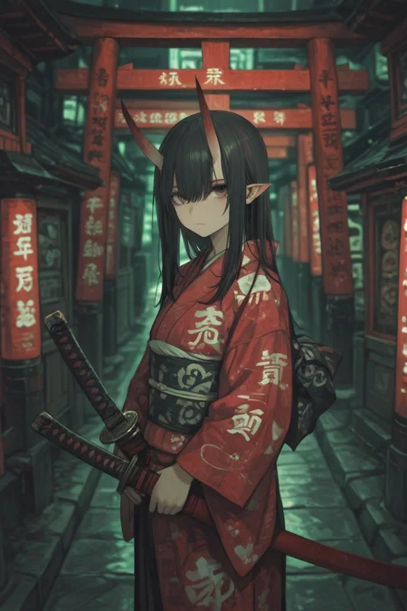 <lora:LCMV2-PONYplus-PAseer:1>
 <lora:Nightmare_Katana_IL:0.8>
(off center:1.3), (green theme:1.4), 
1girl, architecture, armor, bangs, banner, black hair, blurry, blurry background, bridge, city, closed mouth, depth of field, east asian architecture, fox mask, hair between eyes, hakama skirt, holding, holding sheath, holding sword, japanese clothes, katana, kimono, leaf, long hair, long sleeves, looking at viewer, multiple torii, neon lights, new year, obi, oil-paper umbrella, oni, open clothes, outdoors, paper lantern, photo \\(medium\\), planted sword, pointy ears, red kimono, red sky, red theme, red umbrella, sash, scabbard, sheath, sheathed, sky, solo, standing, sword, torii, weapon, wide sleeves