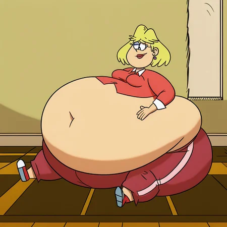 female, rita loud, 1girl, solo, blonde hair, short hair, earrings, jewelry, smile, lipstick, stud earrings, shirt, pants, Gigantic tummy, Gigantic tummy, sitting on floor,
