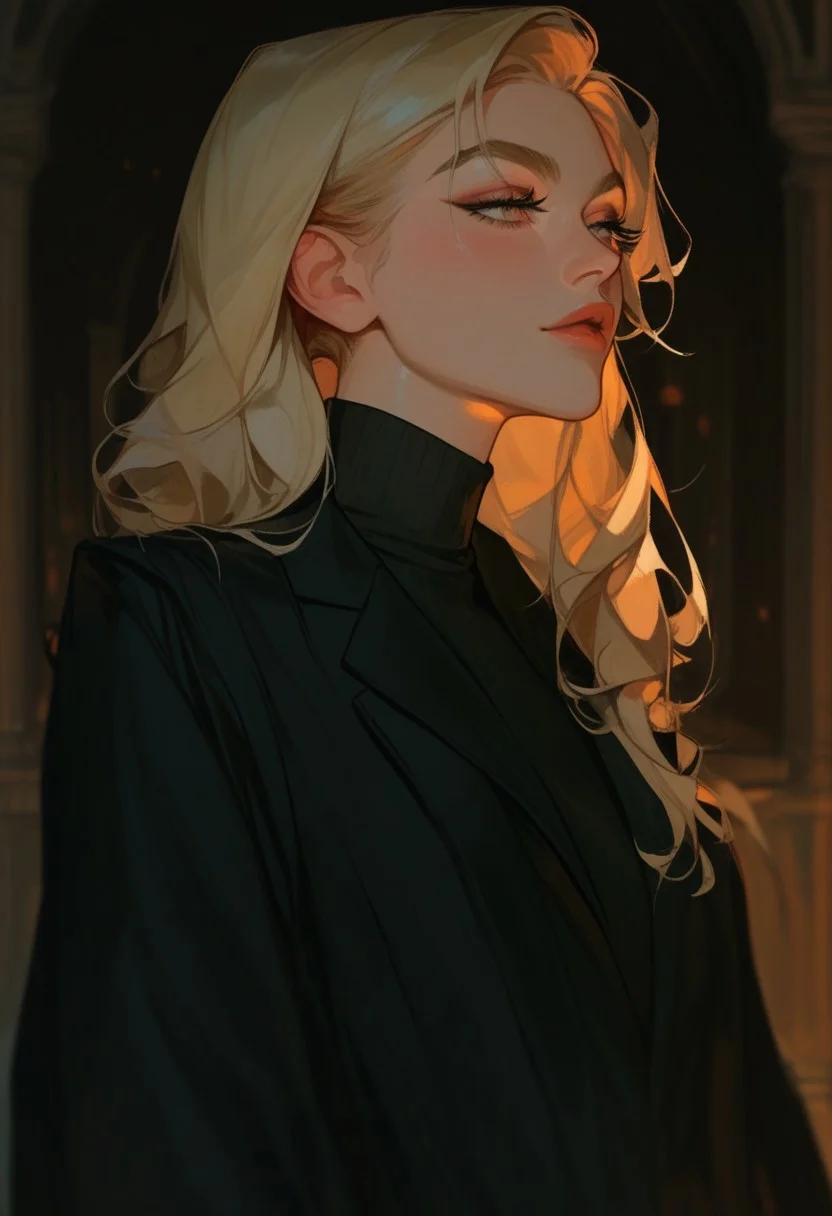 score_9, score_8_up, score_7_up, score_6_up, score_5_up, score_4_up,1girl, turtleneck sweater, black sweater, pale skin, semi-realism, medium breasts, tight clothes, dark narrow corridor, black latex gloves, formal suit, black suits, blonde hair, great artist, 8k, black formal jacket, shadows, cinematic scene, depth of field, long eyelashes, sharp eyebrows, sexy, seductive, Noise effect, old movie effect, old time, black eyeliner, 1980s style, long hair, straight slick hair, single strands of hair,