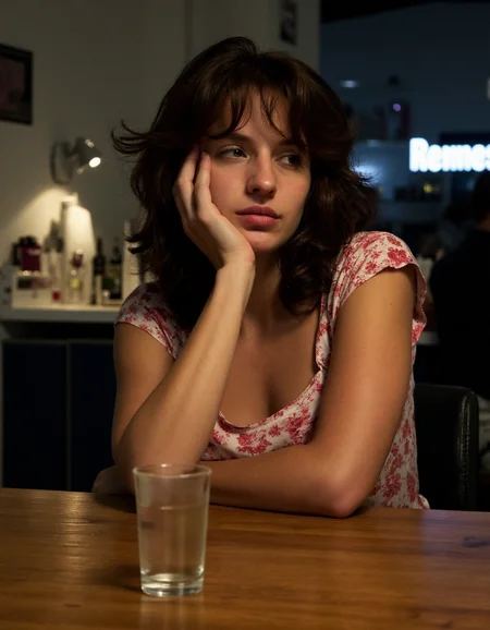Amateur photo of  a 25-year-old French woman in her pajamas sitting at a bar looking depressed with an empty shot glass in front of her., <lora:amateurphoto-6version:0.8> <lora:Another_Amateur_Lora:0.4> <lora:Phlux:0.4> <lora:UltraRealistic_Lora_Project:0.4>