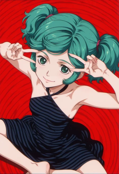 anime screencap, anime coloring, 1girl, solo, <lora:DX888SchierkeIL:1>schierke, green hair, green eyes,short hair, twintails, black dress, halter dress, medium dress striped dress, BREAK red background, spiral background, BREAK dutch angle, from above, from side, dynamic pose, posing, smile, v over eye, butterfly sitting,