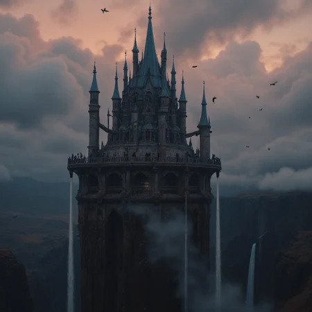 ajnatubli, Photorealistic dark fantasy landscape, a colossal vertical city-castle rising from a jagged, narrow rocky spire, its base lost in thick, swirling shadows. The structure looms with neo-gothic architecture: twisting spires, needle-like towers, sharp pointed arches, and weather-worn stone carvings depicting ancient, forgotten gods. The once-gleaming blue-tiled domes are cracked and dulled, stained by the endless drizzle that falls from the choking sky. Dozens of narrow waterfalls plunge from the circular platform into an abyssal void, like veins bleeding light into darkness. Withered trees and decaying hanging gardens cling to the city’s edge, nature struggling in the shadow of grandeur. Crows and black-winged creatures circle ominously, their silhouettes slashing across the cloud-choked sky. A moody, blood-orange sunrise filters through thick cloud haze, casting long shadows and bathing the scene in a haunting, sepia glow. Ajnatubli, ultra-detailed, high realism, epic scale, concept art, translucent storm clouds billowing like smoke, remnants of light barely piercing the gloom. Masterpiece in brooding, dark epic fantasy style.